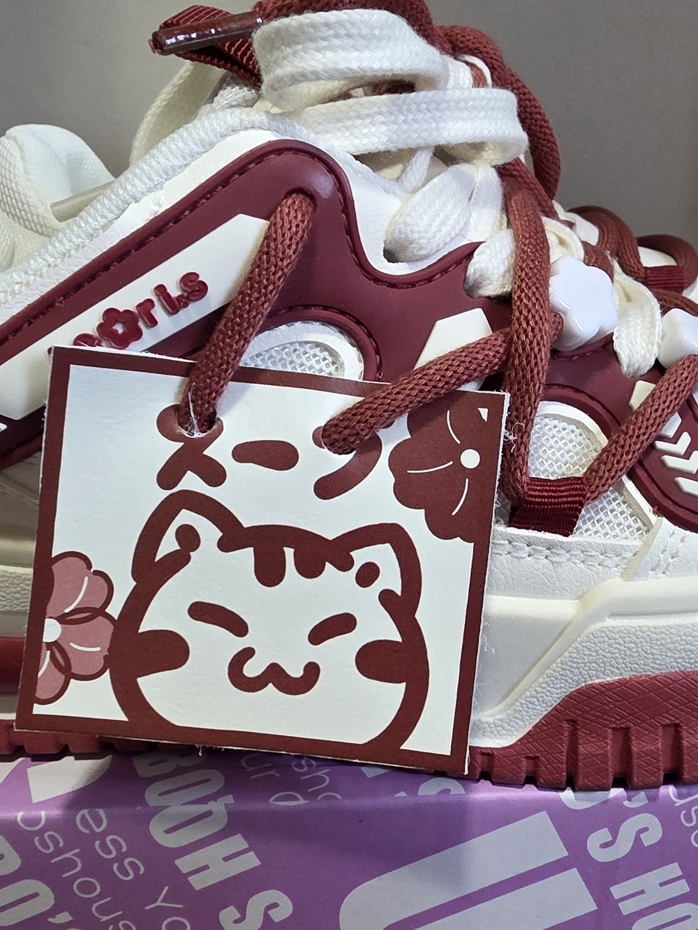 Women’s Lace-Up Sneakers in White and Burgundy with Cute Cat Tag
